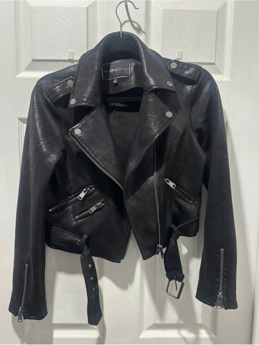 BNCI Black Faux Leather Biker Jacket with Belt